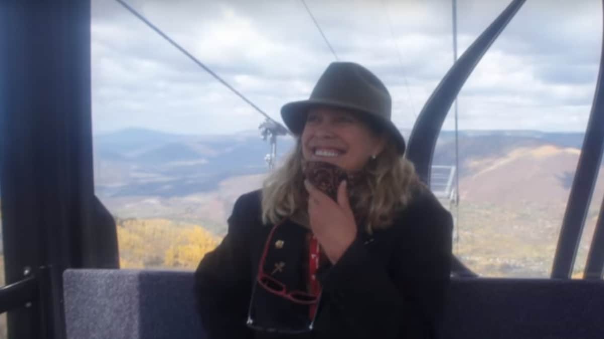 Nancy Pfister in a ski lift