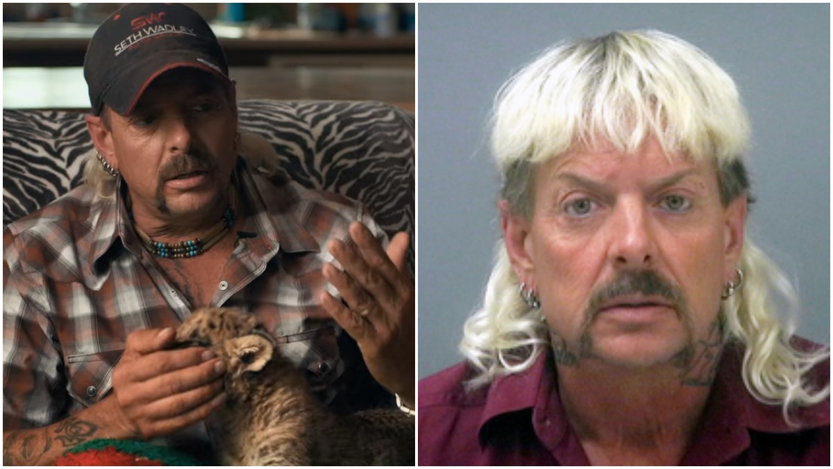 Joe Exotic on the set of Tiger King and his prison mugshot