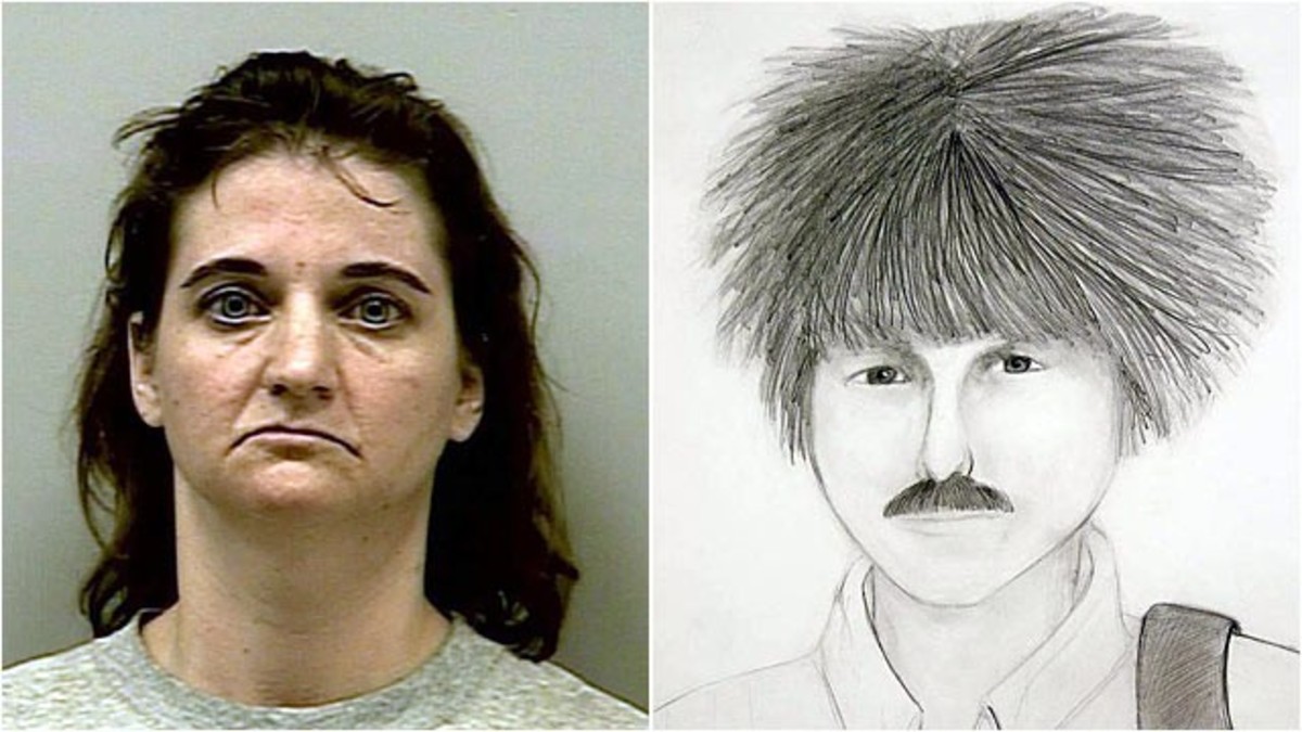 Mugshot of Joanna Hayes with police sketch of killer
