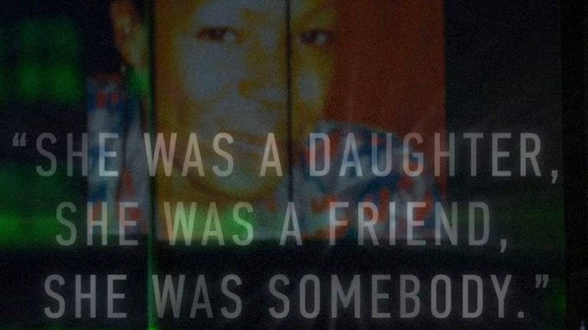 Marlyn Allen before her death with text superimposed "she was a daughter, she was a friend, she was somebody""