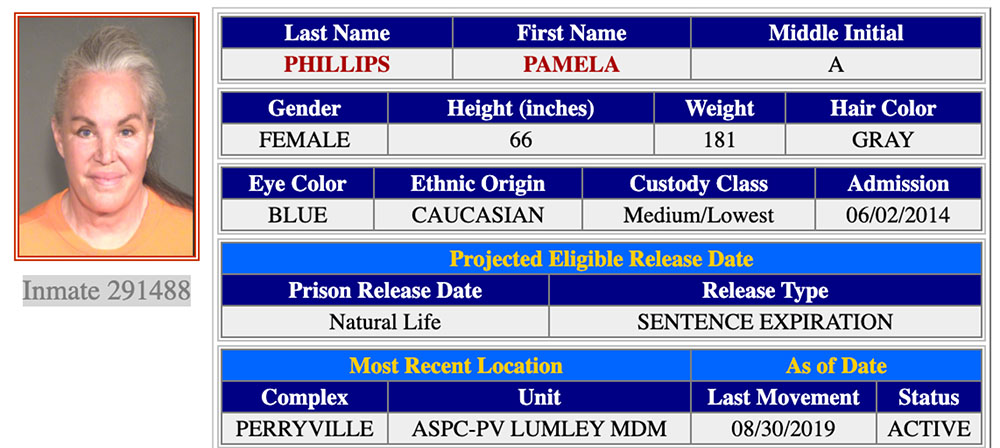 Screen shot of Pam Phillips inmate record