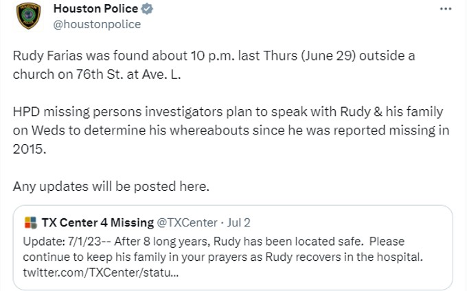 Houston police tweet Rudy Farias update