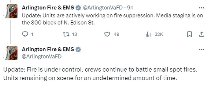 Arlington Fire Dept tweets they have fire under control